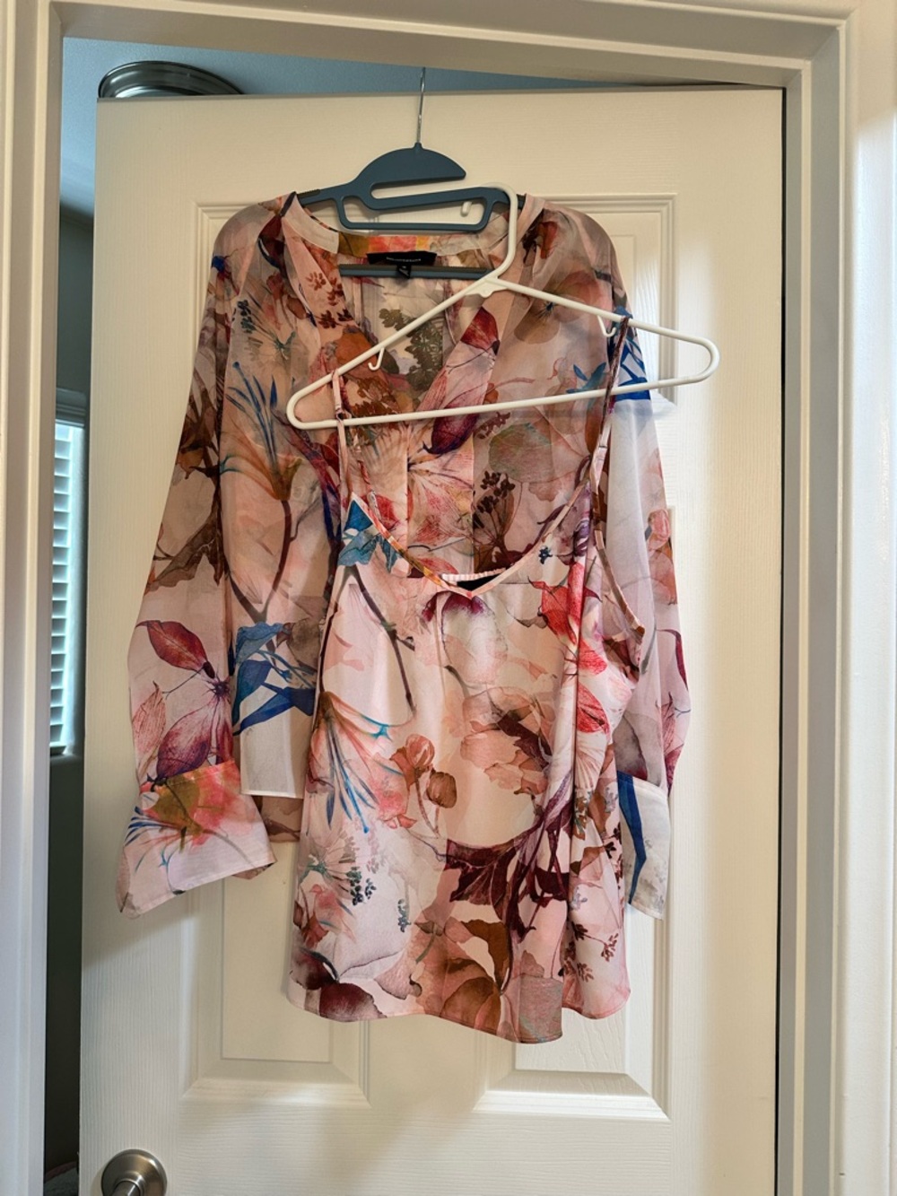 Floral Sheer V-Neck Blouse - Pink Multi